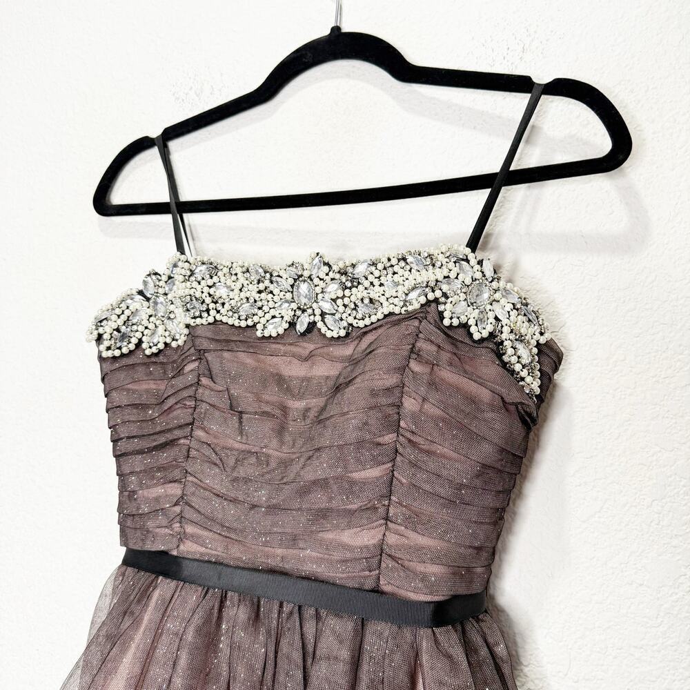 Y2K Strapless Beaded Dress Dark Fairy Tulle Mesh Overlay Whimsigoth - Picture 3 of 11